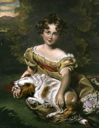 print, young girl and dog, Miss Peel