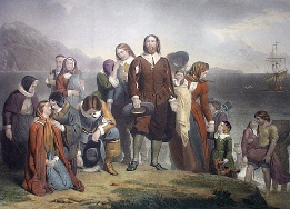 hand coloured etching, Landing of the Pilgrim Fathers