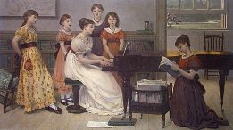 Home Sweet Home, victorian genre print with children and piano