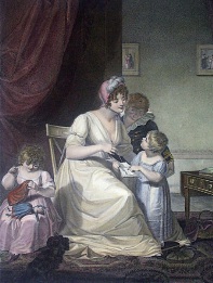 mother and children, hand colored print