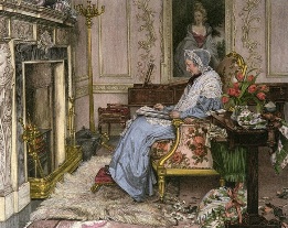 victorian interior with lady, hand coloured
