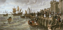hand coloured etching, Sailing of the Mayflower in 1620