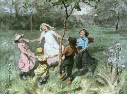 hand colored print, children playing Ring a Ring of Roses