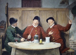huntsmen in an inn, hand coloured etching