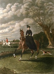 huntswoman on horseback, hand coloured print