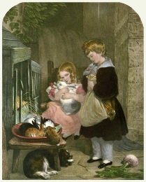 hand coloured print of Children and Rabbits