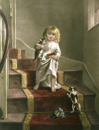 decorative print of Girl with kitten and puppy