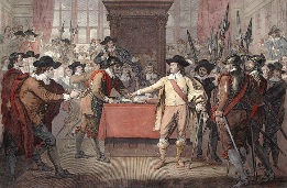 Cromwell Dissolving Parliament, hand coloured etching