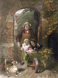 large hand coloured victorian print of children in wheelbarrow