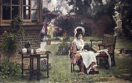 large victorian genre print, garden scene