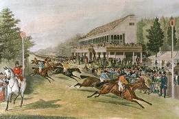 Goodwood Grandstand, hand coloured horse racing print