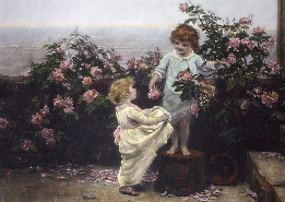 Children collecting flowers, large hand colored print