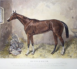 Kettledrum, hand colored horse etching