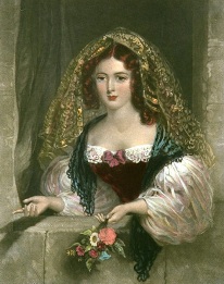 Friendships Offering, hand coloured print of girl with flowers