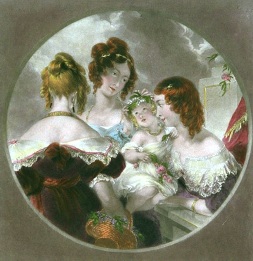 The Lily, hand colored print of women and child