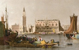 large hand colored print of venice after prout