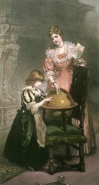 Mother, child and globe, hand colored print