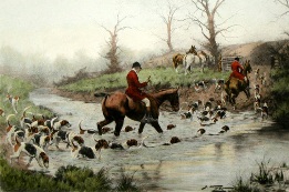 Crossing the Ford, hand colored fox hunting print