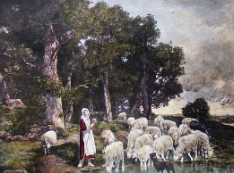 Shepherdess and Sheep, hand colored print