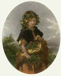 Vanity, girl with flower garland, ahnd coloured print
