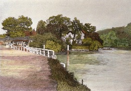 hand colored print of Boulters Lock, maidenhead