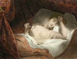 print of woman asleep, hand tinted