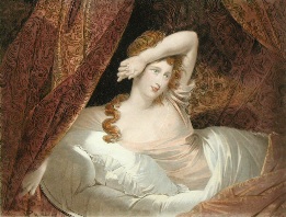 print of woman waking up, hand tinted
