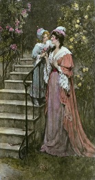 hand colored print of victorian mother and child