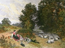 hand coloured print of rural scene with sheep