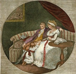 old print of parents and child