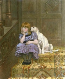 Sympathy, hand colored print of girl and dog