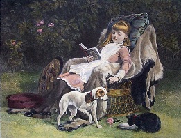 large hand colored print of girl with dog and cat