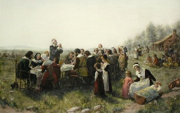 hand coloured print, Thanksgiving by Brownscombe