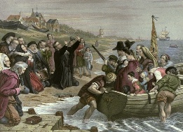 hand coloured etching, Departure of the Pilgrim Fathers