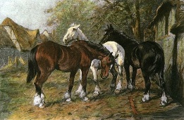 hand colored print of horses at rest