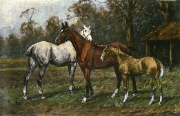hand coloured print of horses and foal
