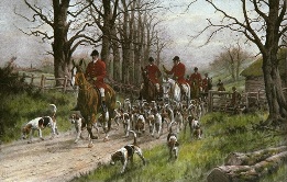 fox hunting, hand coloured print