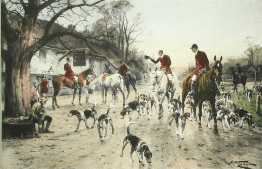 fox hunting, hand coloured etching