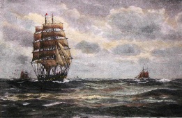hand coloured print of tall ship