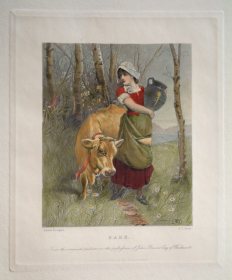etching, sark, with milk-girl and cow