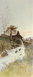 Watermill, hand coloured print