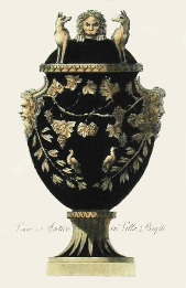 hand coloured print of classical vase, black