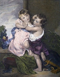 hhand colored print, Proffered Kiss, children