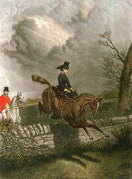 huntswoman on horseback, hand coloured etching