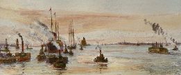 Greenwich Reach, steamers, etching