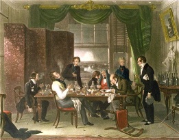 hand colored print, dining and drinking