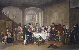 hand colored print of travellers at an inn