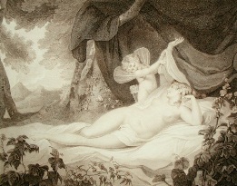 Cupid Unveiling Venus, large sepia etching