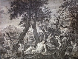 Poussin & Suzanhah, sepia etching