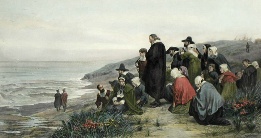 hand coloured etching, departure of mayflower